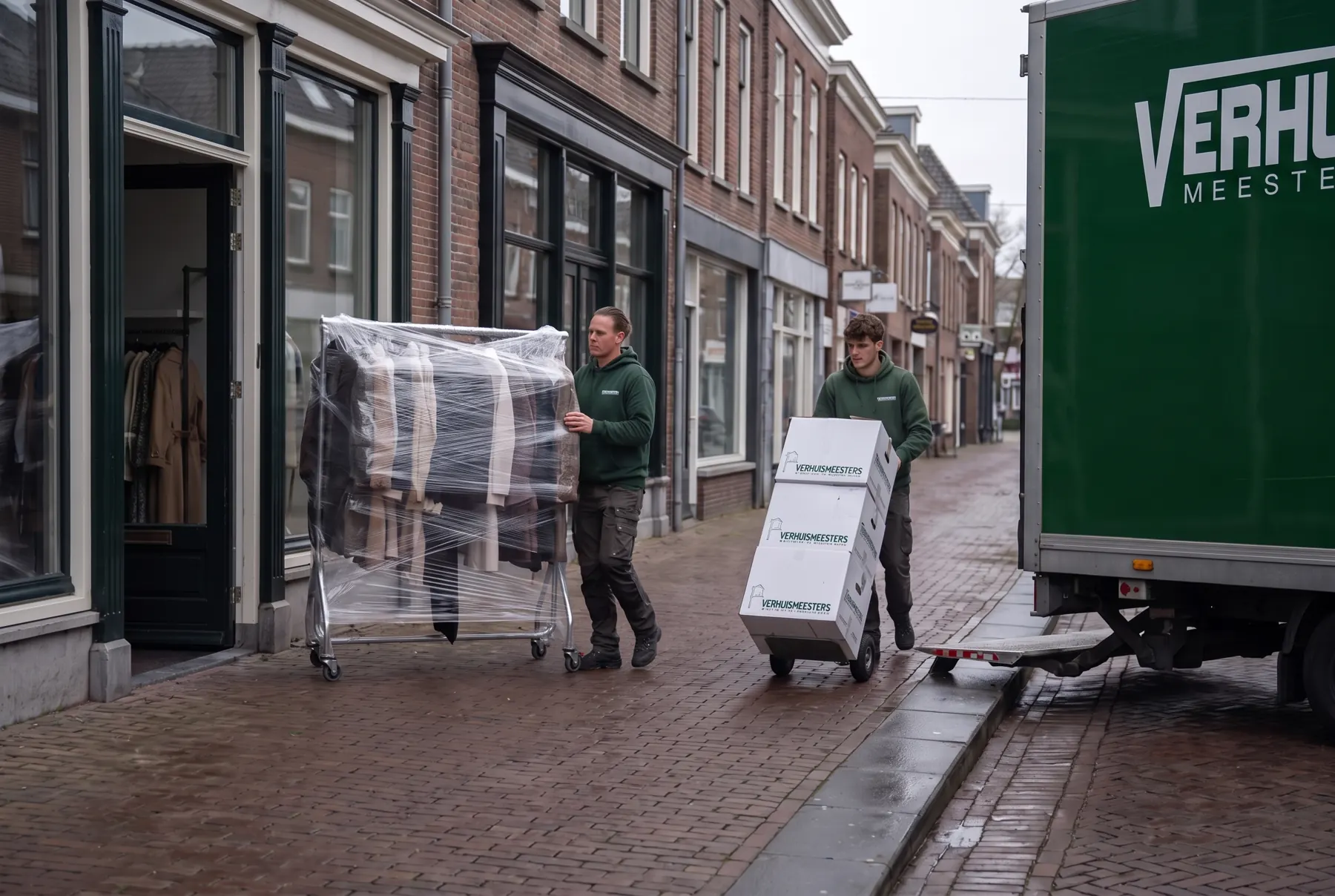 Twee verhuizers duwen een in folie gewikkeld kledingrek en een steekwagen vol dozen over de stoep naar de verhuiswagen